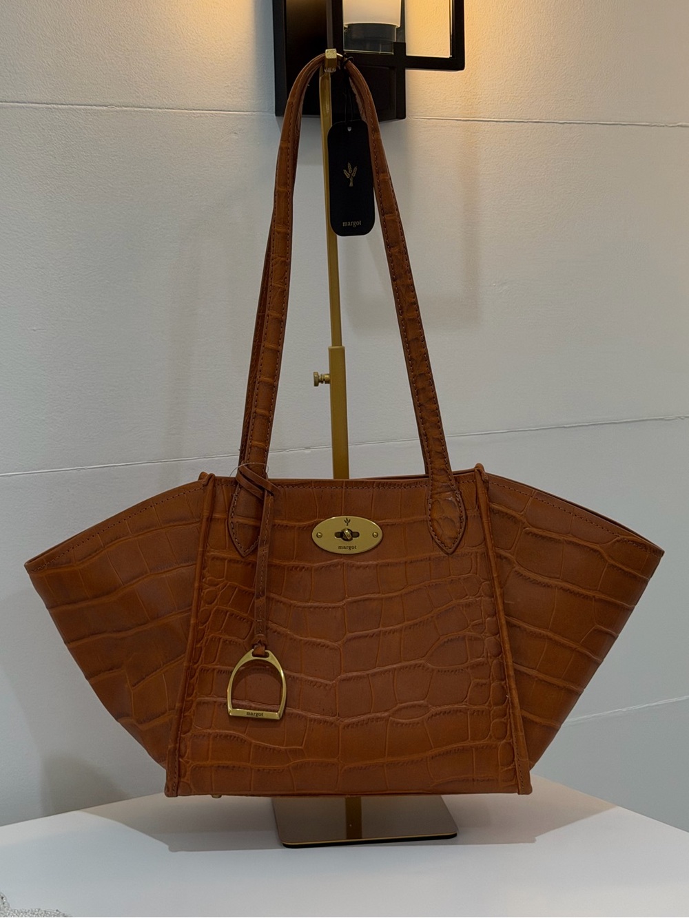 Margot Equestrian Black Label Carmel Leather Croc-Embossed Bag NEW